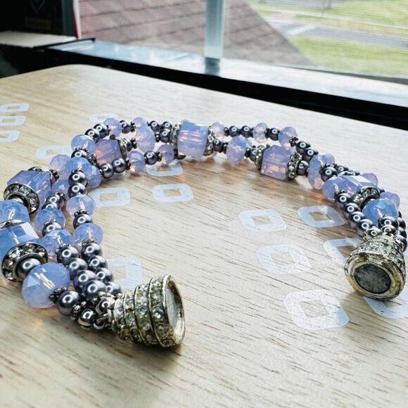Three Strands Opalite w/ Faux Pearl Beaded Bracelet Rhinestones Magnetic Closure - Picture 5 of 10